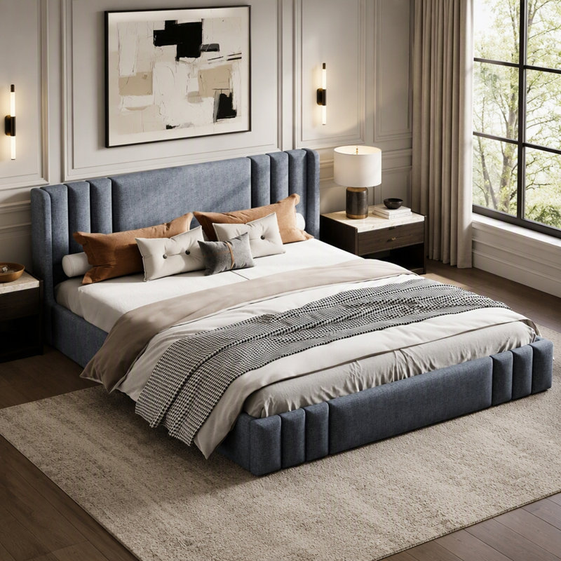 Structure de lit double tapissier en lin, Grand lit, Gris