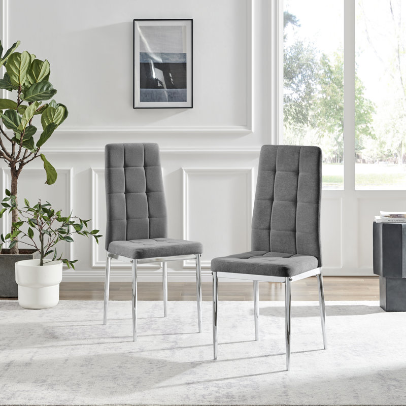 Pallo Button Tufting Luxury Fabric Dining Chairs - Modern Contemporary Design, Grey, Silver