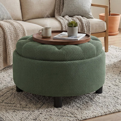 25 inch Modern Upholstered Round Storage Ottoman, Button Tufted Footstool, With Reversible Tray Lid, Dark Green
