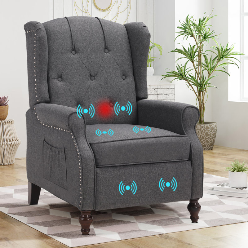 Upholstered Push Back Recliner Chair with Heat and Massage Function For Living Room, Gray Polyester Blend