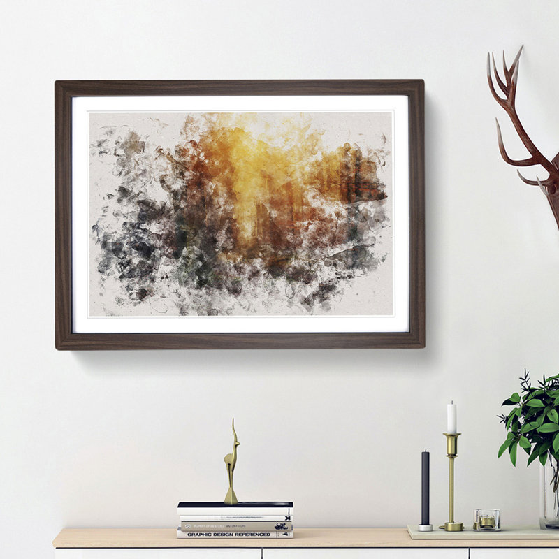 Forest At Sunset Watercolour - Single Picture Frame Print on MDF, 62cm H x 87cm W x 2cm D, Walnut Framed
