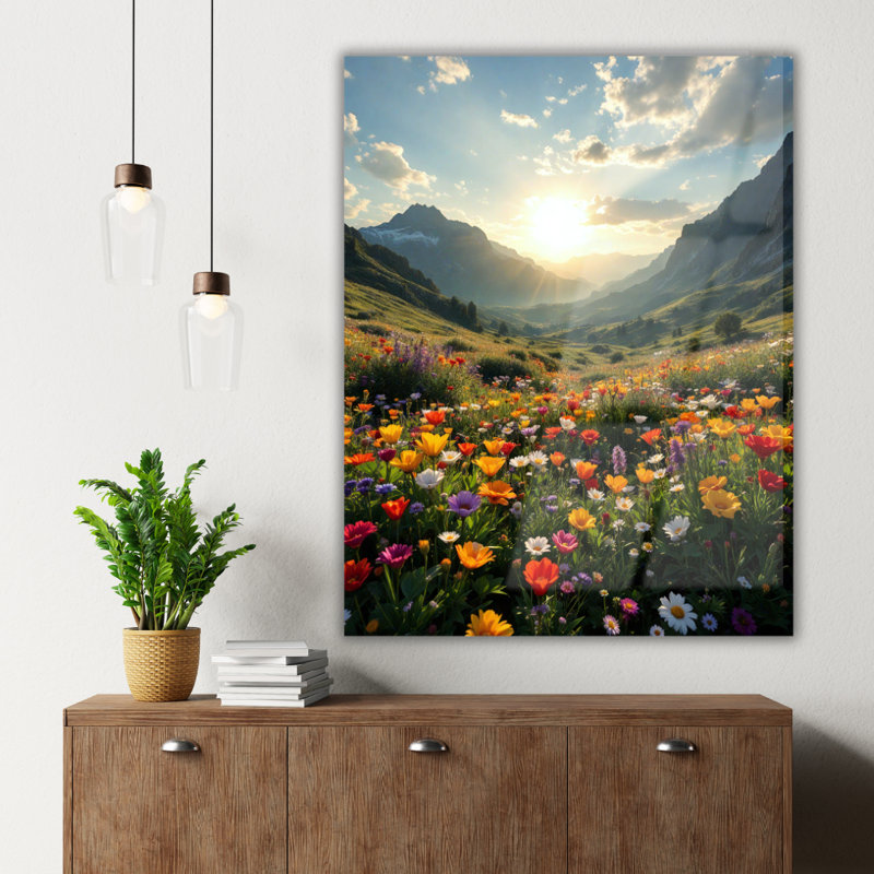 Tableau mural en verre trempé représentant une prairie de fleurs sauvages de montagne colorée, H 40 po x l 30 po