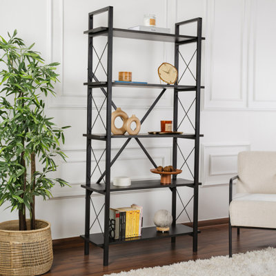Modern Industrial Bookshelf with Metal Frame, 35.4 x 70.9 x 13.4 inches | 100% Melamine Coated Particle Board | Wall-Mountable Design, Multiple Shelves for Additional Storage, Elegant Black Finish