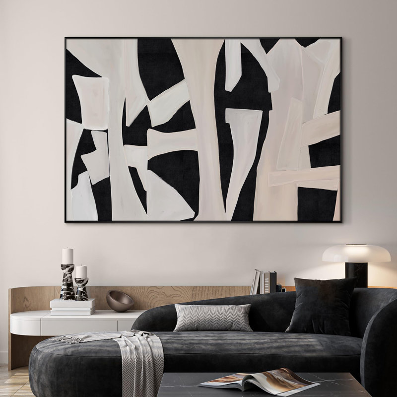 Extra Large Wall Art Fabric Print - Black Cutout Abstract Bold Collage Look Illustration Artwork Decor for Living Room or Bedroom - "Frame Assembly Required (Unfinished Frame)"
