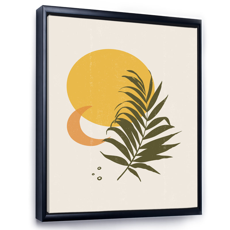 Abstrait soleil jaune et lune avec feuille tropicale I - impression sur toile, H 20 po x l 12 po x p 1 po