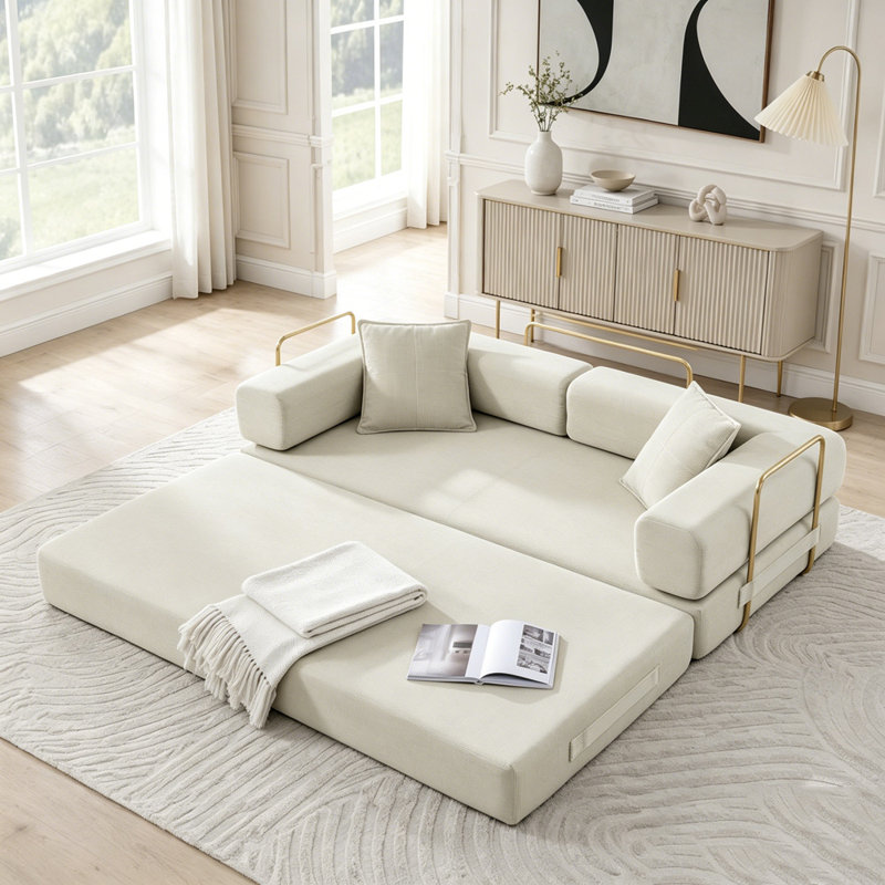 Canapé-lit modulaire en velours côtelé avec accoudoirs mobiles et sans assemblage, Beige Corduroy, Beige
