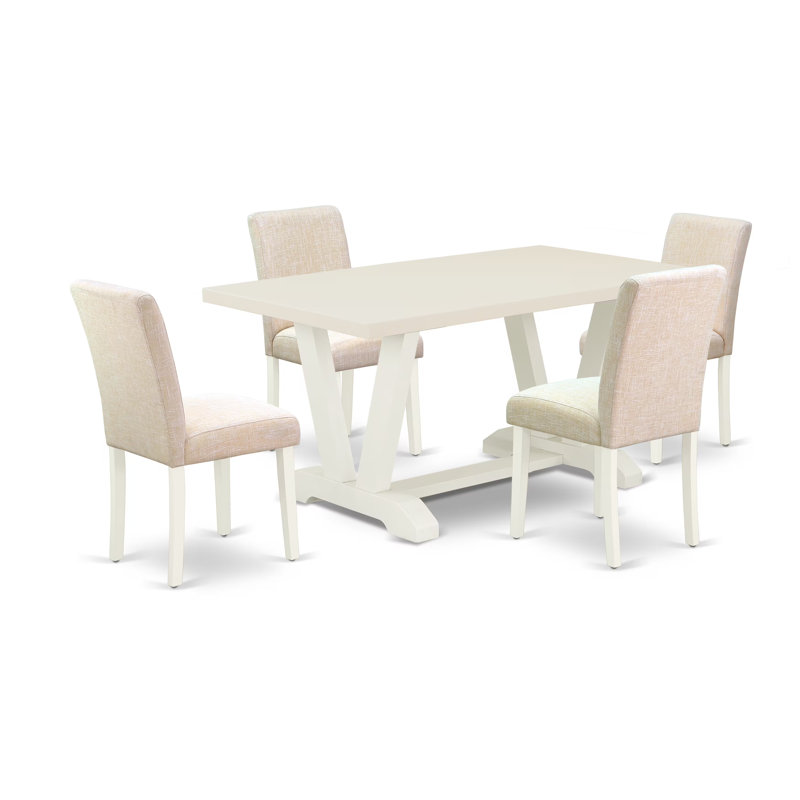 Ensemble de table de salle à manger 5 pièces pour 4 personnes comprenant une table de salle à manger rectangulaire avec pieds en V et 4 chaises rembourrées en tissu de lin beige clair, multicolore