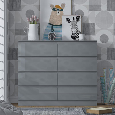 Warren 8 Drawer Chest Of Drawers: 110cm Wide. 14cm Deep Drawers. 4 + 4 Configuration. High Gloss Front. Scratch Resistant. Modern No Handle Design.