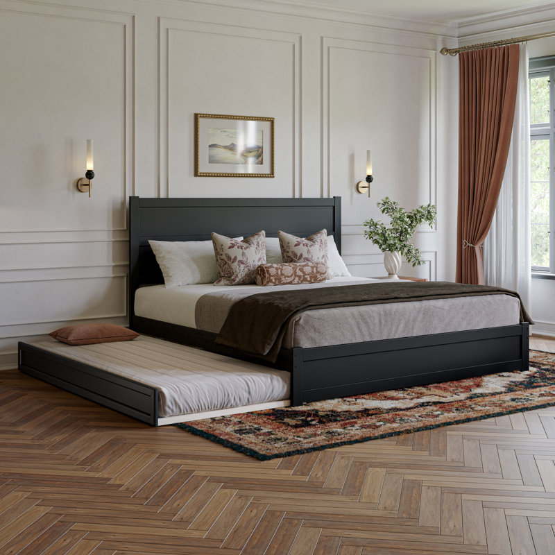 Aveline Wood Platform Bed with Footboard & Trundle, King, Black