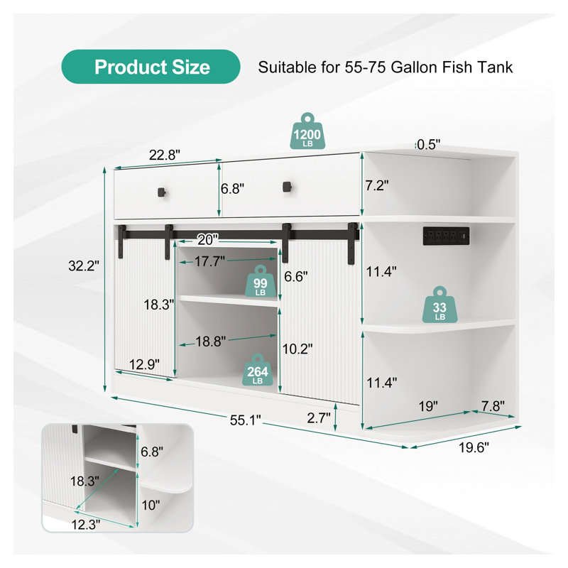 Support d'aquarium blanc en MDF pour réservoirs de 55 à 75 gallons avec lumière DEL et prises de courant