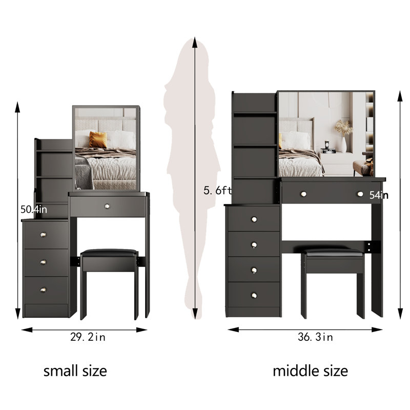 Meuble-lavabo noir avec tabouret rembourré et très grand miroir, Noir