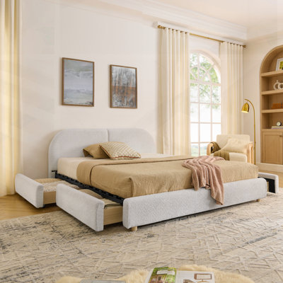 Queen Size Upholstered Bed Frame With Tall Curved Headboard, Sturdy Leg Support, And Wheeled Drawer Storage - Modern Minimalist Style