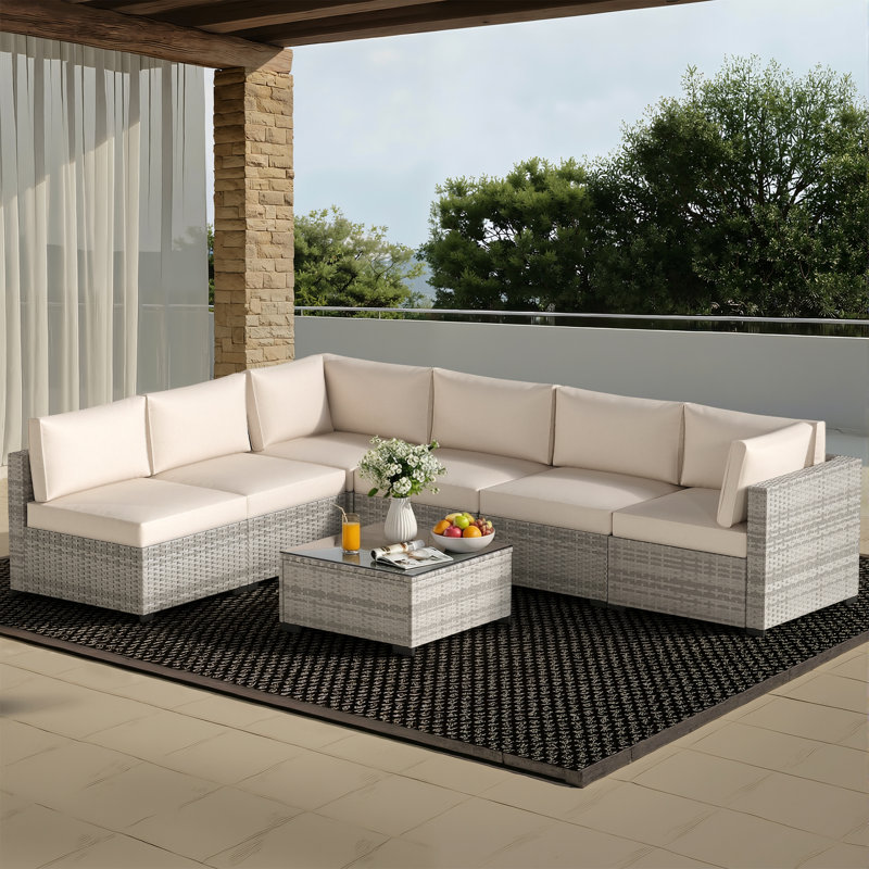 Ensemble de conversation d'extérieur en rotin 7 pièces avec coussins, Blanc, Gris blanc