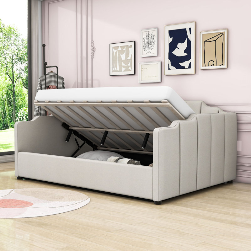 Lit de jour rembourré avec rangement inférieur, Double, Beige
