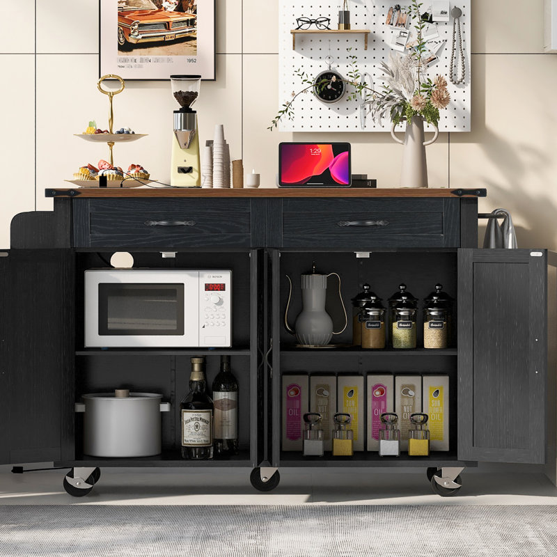 53.5'' Kitchen Island With Drop Leaf, Power Supply, Rolling Cart, 53.5''W X 29.2''D 36.5''H, Black For And Dining Area Style Socket, 2 Drawers, 29.2'' 36.5'',