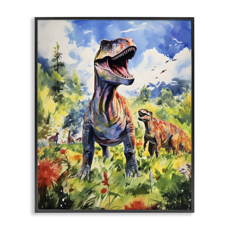 Dinosaurs in Natural Field, estampe numérique, design by Creative Studio, H 14 po x l 11 po, Giclée encadrée noir minuit