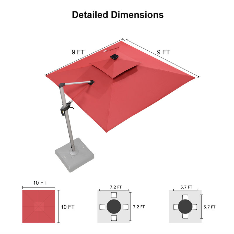 Parasol lumineux en porte-à-faux carré avec base 9 pi x 9 pi Lime, rouge, Terra, l 108 po x P 108 po