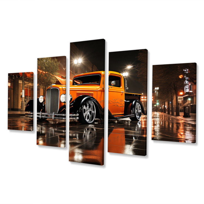 «Orange Pickup Truck Night Drifters», impression d'art mural transport - 5 panneaux