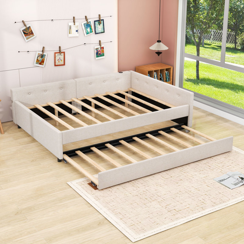Lit plateforme tapissier avec lit gigogne simple et ports USB, Grand lit