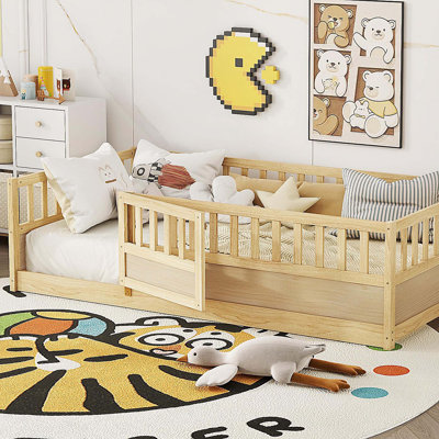 Twin Size Floor bed, integral construction with super high security barrier, door, children's floor bed frame, Montessori wooden children's floor bed,