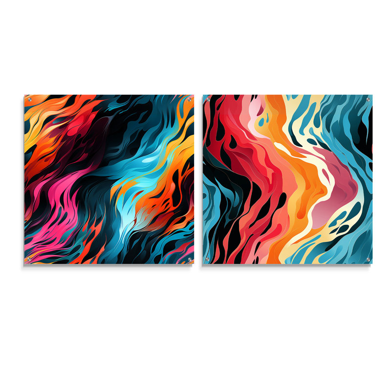 Multicolore Futuriste Fusion - Ensemble abstrait d'art mural en verre acrylique sur 2, H 36 po x l 73 po