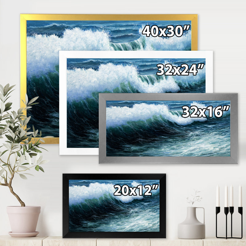 Tempête de vagues dans l'océan - Peinture sur toile, H 12 po x l 20 po x p 1 po, Encadrement argenté