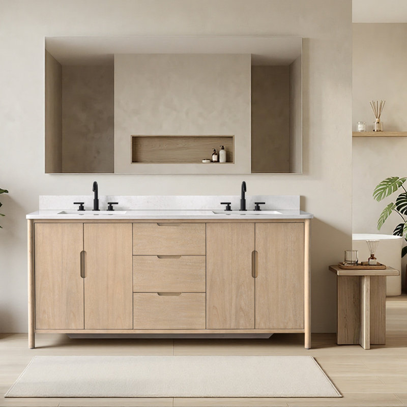 Meuble-lavabo autoportant à double cuve 72 po avec plateau en pierre reconstituée, centrale électrique cachée, support de chargement USB et support pour sèche-cheveux Lucerne 