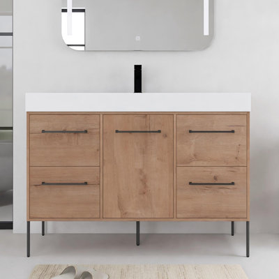 Meuble-lavabo autoportant de 48 po avec lavabo en résine blanche, porte à fermeture en douceur et tiroirs