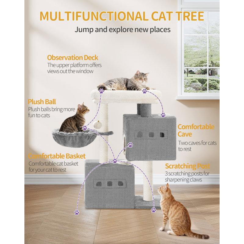 Cat Tree, 75 cm Tower, Sisal Scratching Post, Cats Tower for Indoor, Multi-Level Stable Cat Tree with Cats House, 2 Caves, Pompoms