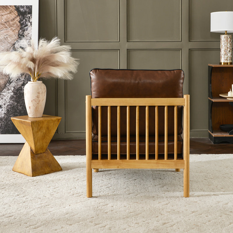 28.7'' W Top-grain Genuine Leather Accent Chair With Fabric Tape Wrapped Arms, Brown, Fabric