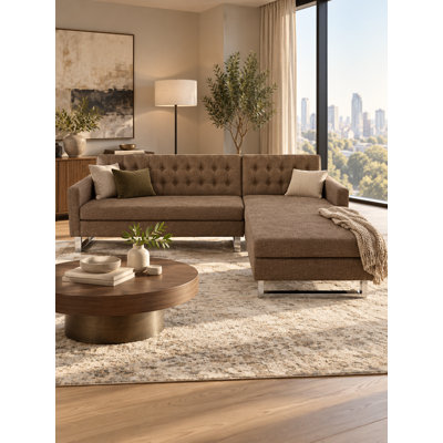 Sloan Sectional– Modern RIGHT Arm Facing Sectional Sofa with Tufted Back, Chaise Lounge, Stainless Steel Legs- Upholstered Sectional - Brown Sectional