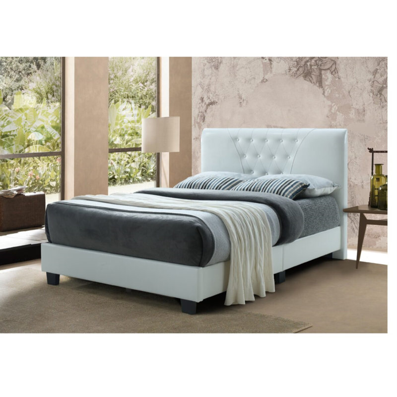 Upholstered Platform Bed, White, Queen