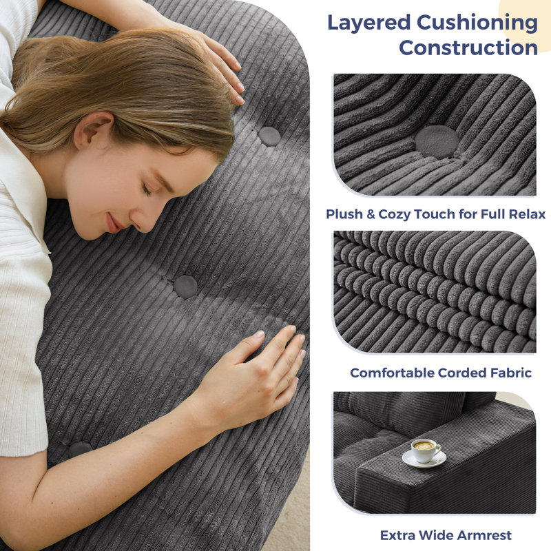 Canapé en velours côtelé de 63 po avec deux coussins inclus, P 35,4 po x l 79 po x H 15,7 po, Gris foncé