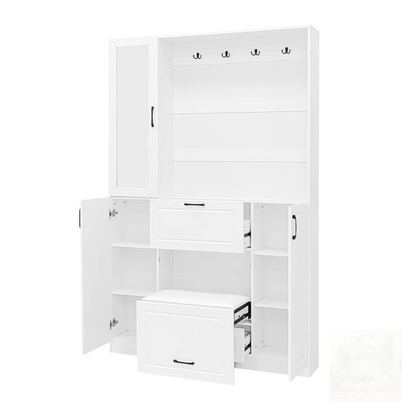 Banc d'entrée avec armoire à chaussures intégrée, design 3 en 1 et porte à miroir, arbre d'entrée avec 4 crochets robustes et siège pliable pour l'entrée et le salon
