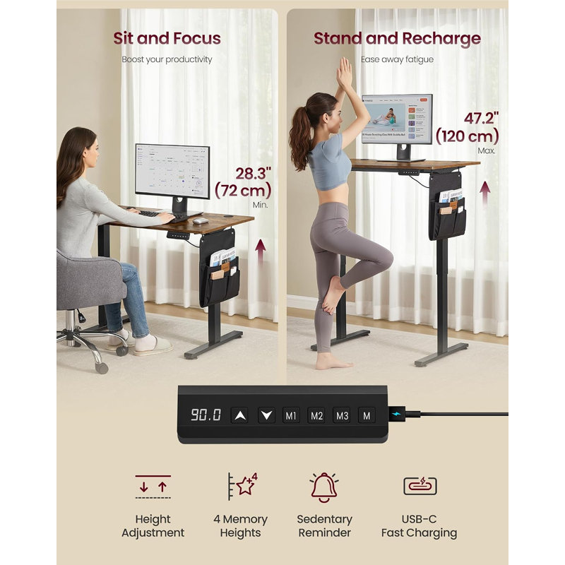 Adjustable Metal Base Standing Desk, Brown/Black, 180cm W x 80cm D 