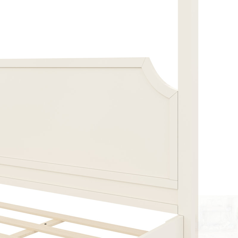 Lit plateforme à baldaquin en bois avec tête de lit et pieds de soutien, durable et élégant, King, Creamy White