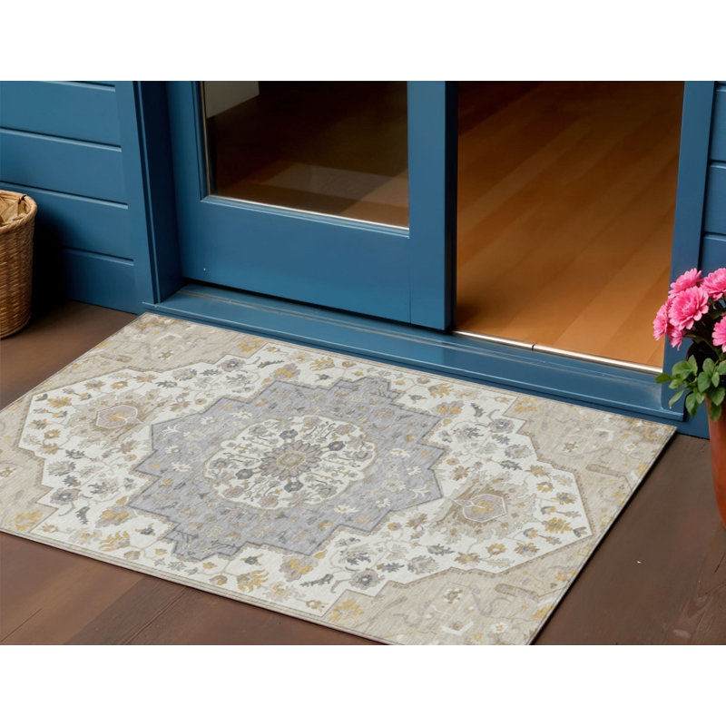 HomeRoots 3' X 5' Beige Ivory And Gray Oriental Washable Indoor Outdoor Area Rug