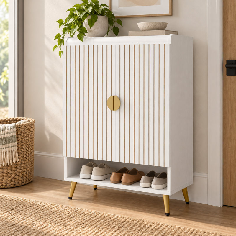 Armoire à chaussures réglable pour vestibule avec rangement caché pour porte battante
