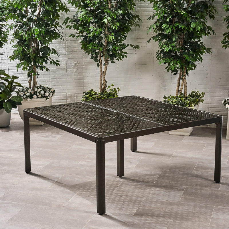 Table de salle à manger 60,45 "carrée en aluminium, noir brillant, accents tissés, rouille, table de patio 8 places avec détails, 62" carré, rouille