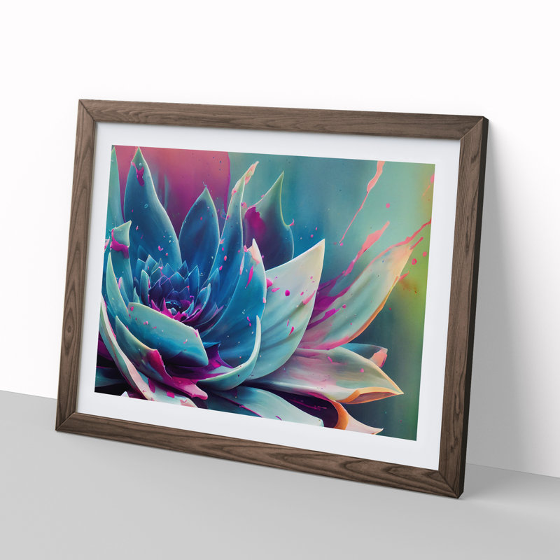 Succulent Plant Paint Splash Abstract - Single Picture Frame Print, 34cm H x 46cm W x 2cm D, Walnut