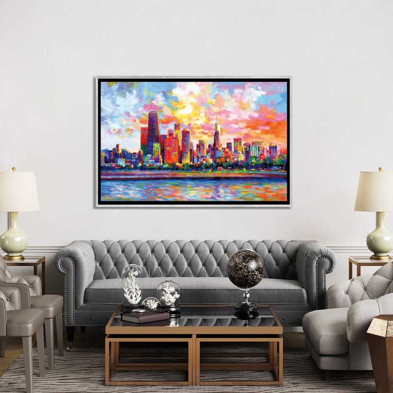 Chicago Skyline by Leon Devenice iCanvas, 40" H x 60" W x 1.5" D, Silver Floater Frame Canvas