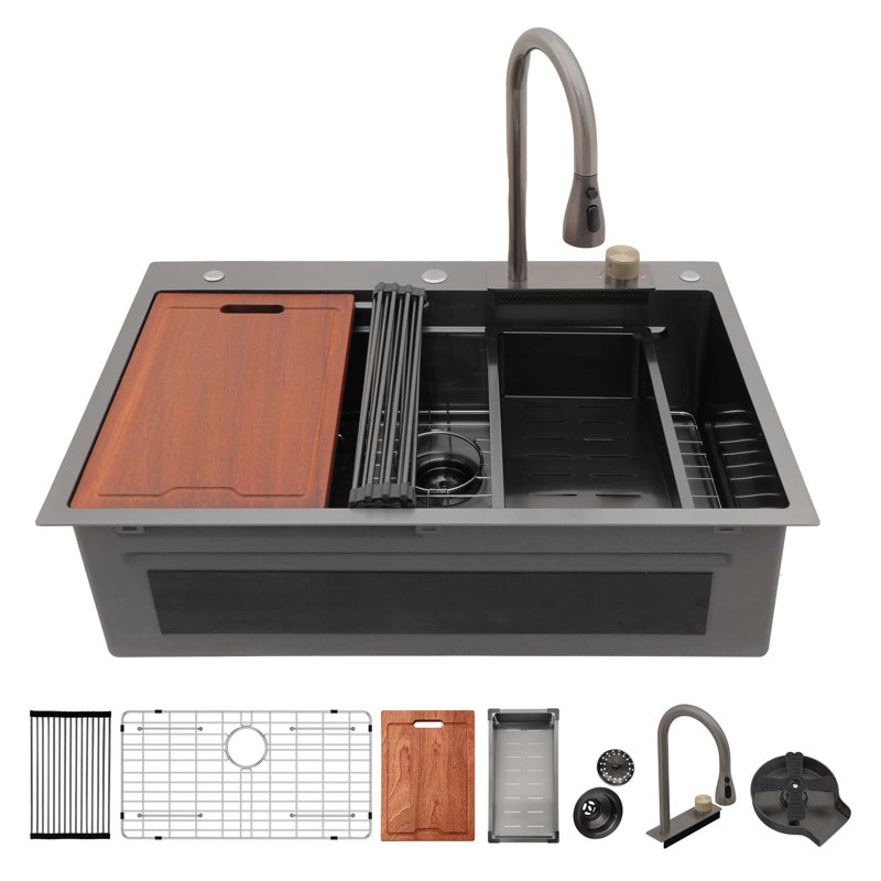 Évier de cuisine en acier inoxydable à chute d'eau de style Gunmetal - éviers de cuisine à rebord à cuve simple en acier inoxydable de calibre 16 de 33 po x 22 po avec robinet coulissant et laveuse à tasses, conception unique en cascade