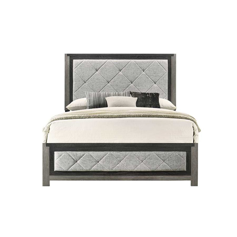 Grand lit avec finition et lin gris - tête et pieds rembourrés, style rembourré, support à 4 lattes, structure en bois, capacité de poids de 660 lb, sommier tapissier requis, Fb, look, pieds de soutien,