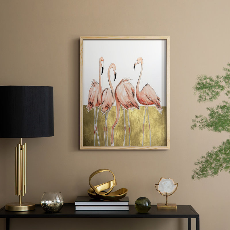 Flamant rose I, reproduction encadrée - bois massif, H 30 po x l 24 po, Naturel