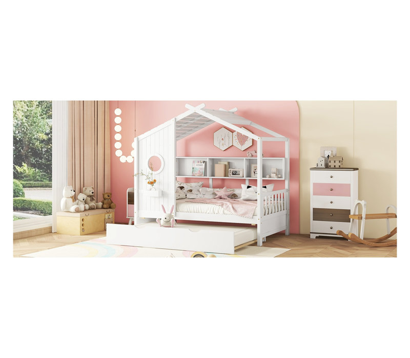 Lit simple blanc avec lit gigogne et tablettes de rangement, structure de maison de jeu en bois massif pour filles et garçons
