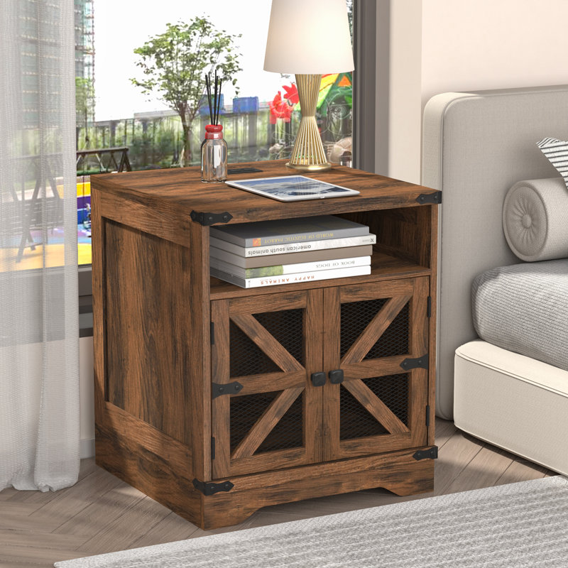 Table de bout haute de style campagnard avec station de charge, table de chevet, prises intégrées, Bois brun foncé