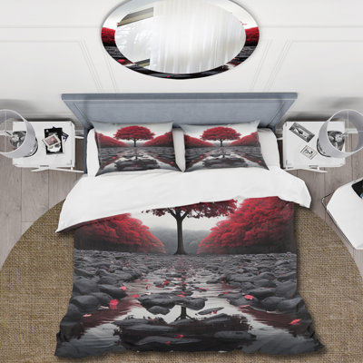 Red And Grey Forest Serenity - Forest Duvet Cover Set - Microfiber Polyester
