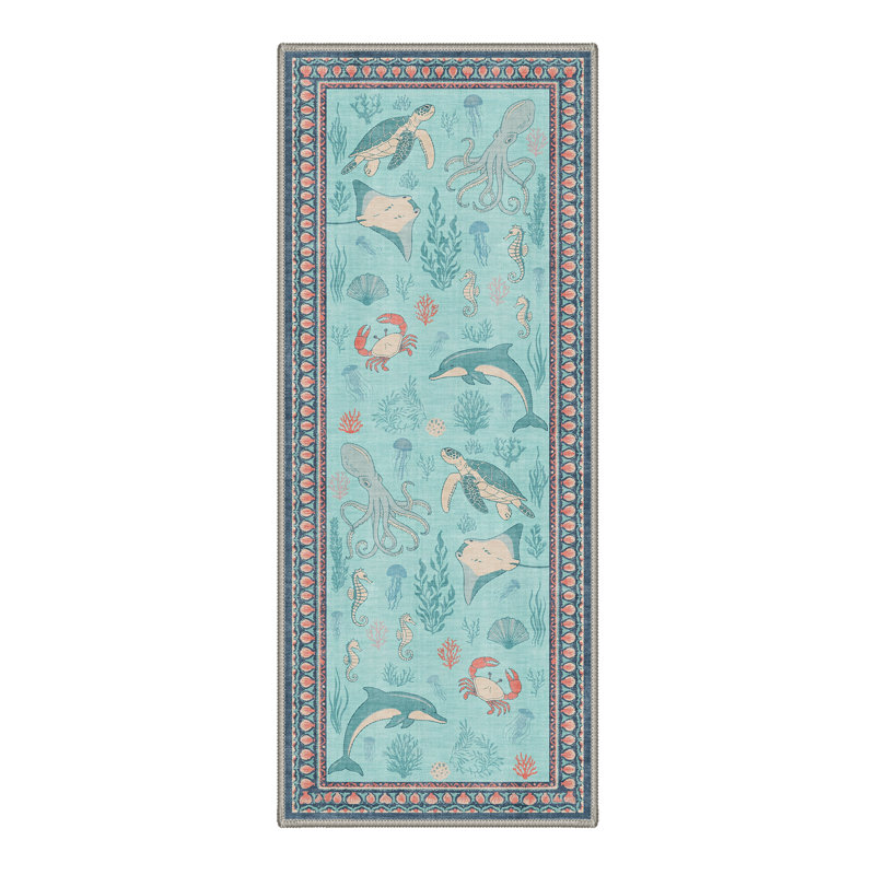 Marina Coastal Machine Washable Blue / Pink Indoor Area Rug with Non-Slip Backing, Runner 2'6" x 8'