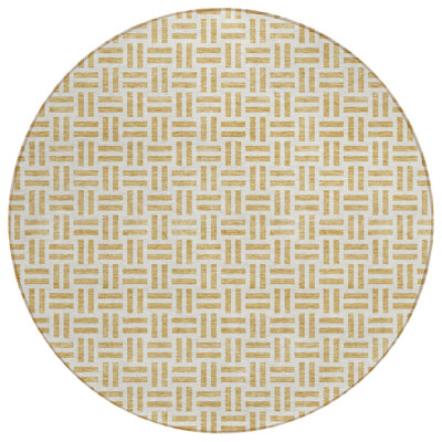 8' Gold Round Geometric Washable Indoor Outdoor Area Rug