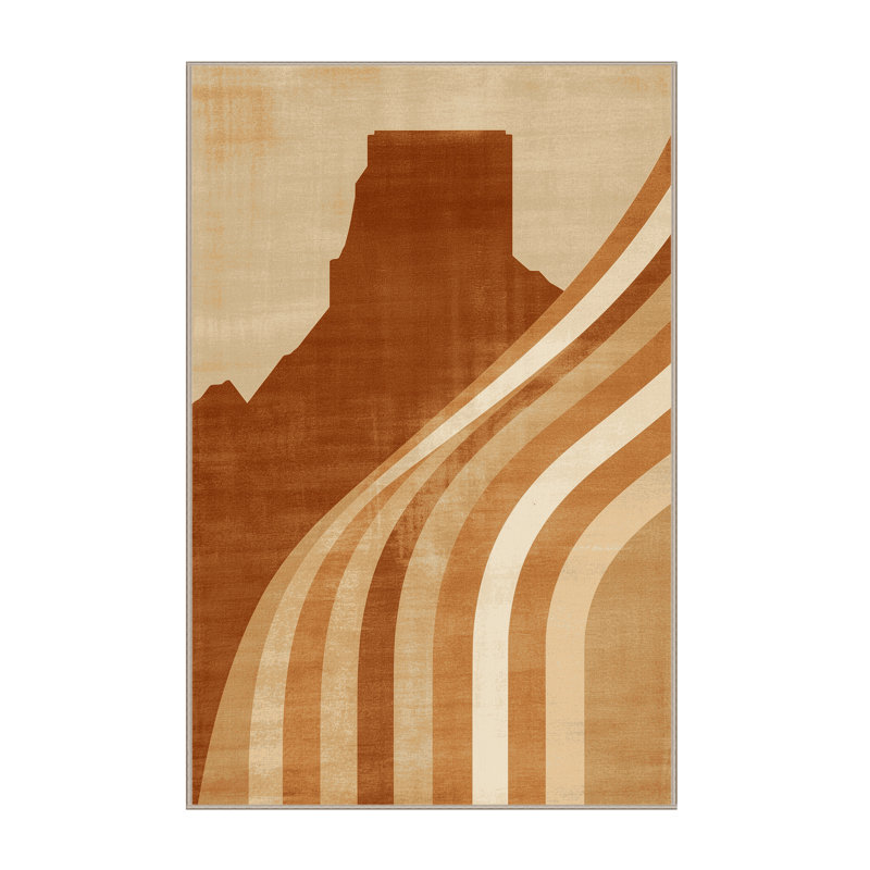 Machine Washable Orkan Cape Town Table Mountain Art Deco Arc Rug in Brown – Beige Binding, 7x10